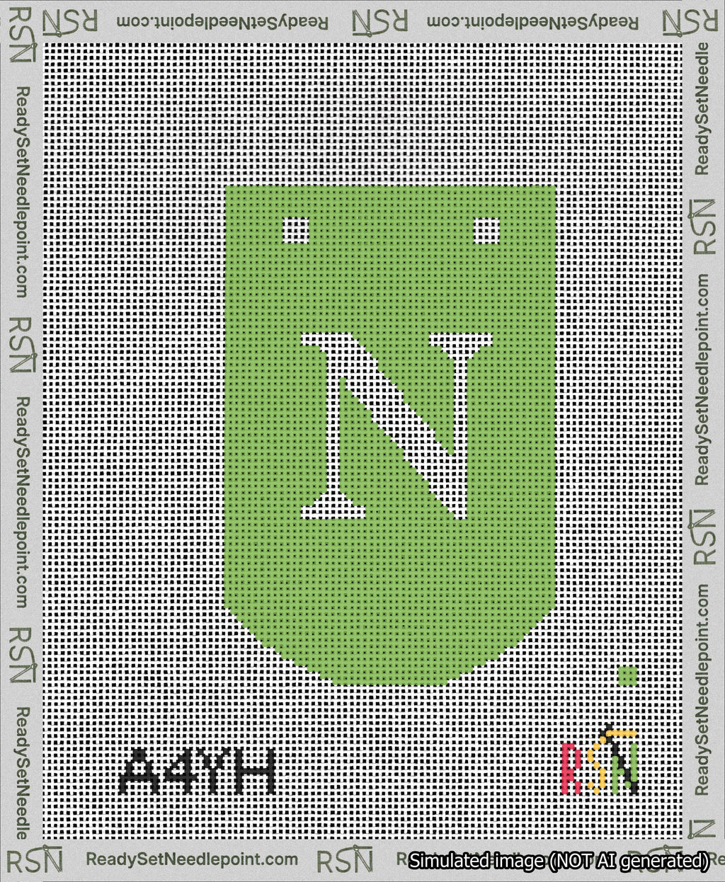 A taped needlepoint canvas with the design: Banner 13 mesh count Curved N White on Light Green.