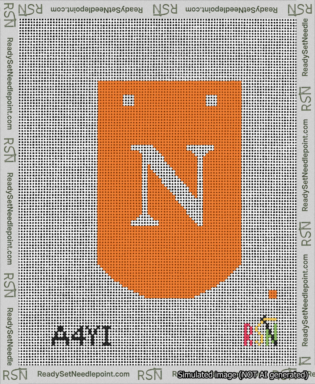 A taped needlepoint canvas with the design: Banner 13 mesh count Curved N White on Orange.
