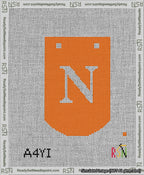 A taped needlepoint canvas with the design: Banner 13 mesh count Curved N White on Orange.