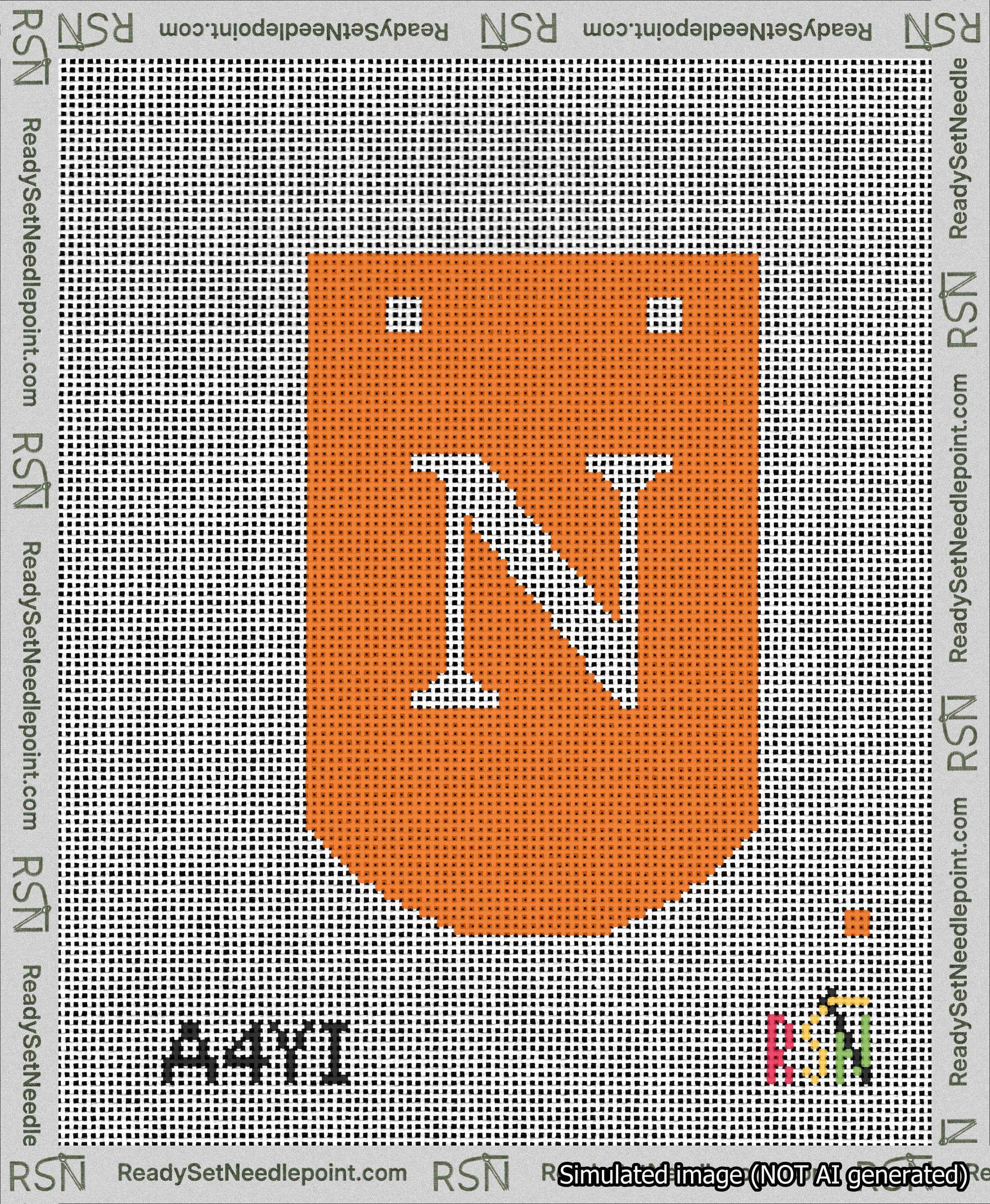 A taped needlepoint canvas with the design: Banner 13 mesh count Curved N White on Orange.