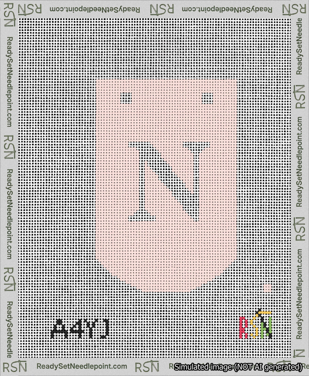 A taped needlepoint canvas with the design: Banner 13 mesh count Curved N White on Pink.