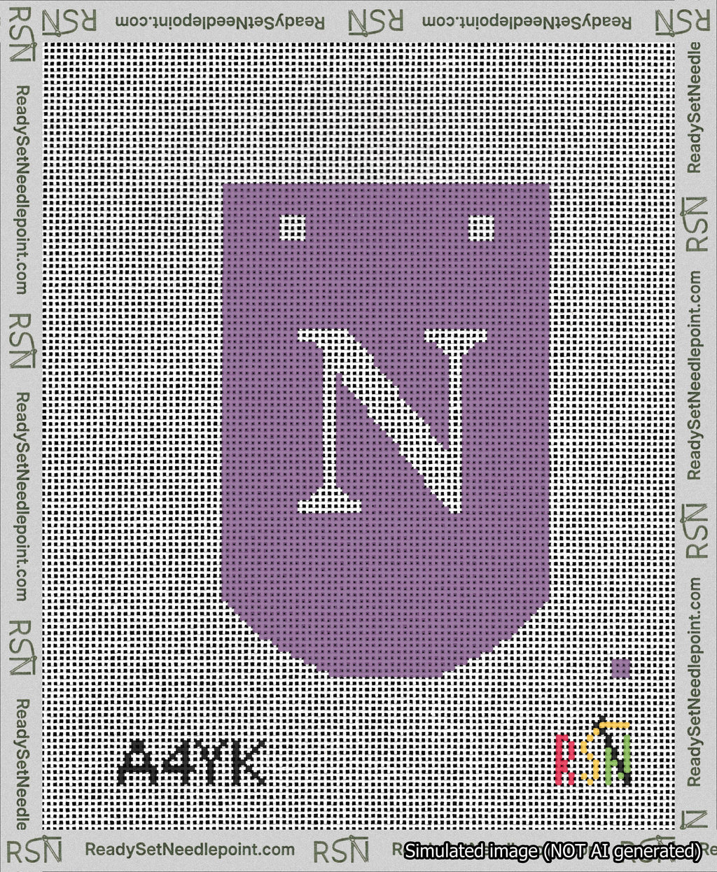 A taped needlepoint canvas with the design: Banner 13 mesh count Curved N White on Purple.