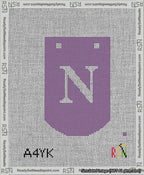 A taped needlepoint canvas with the design: Banner 13 mesh count Curved N White on Purple.