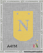 A taped needlepoint canvas with the design: Banner 13 mesh count Curved N White on Yellow.