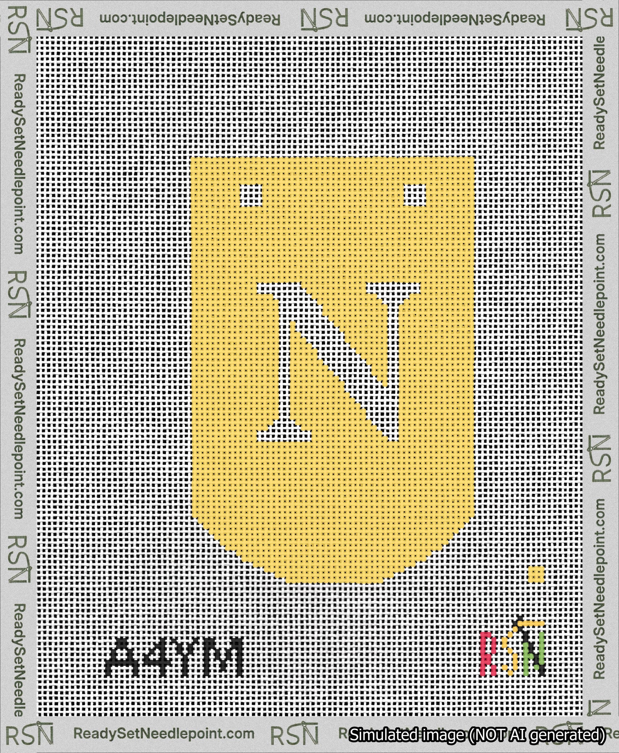 A taped needlepoint canvas with the design: Banner 13 mesh count Curved N White on Yellow.