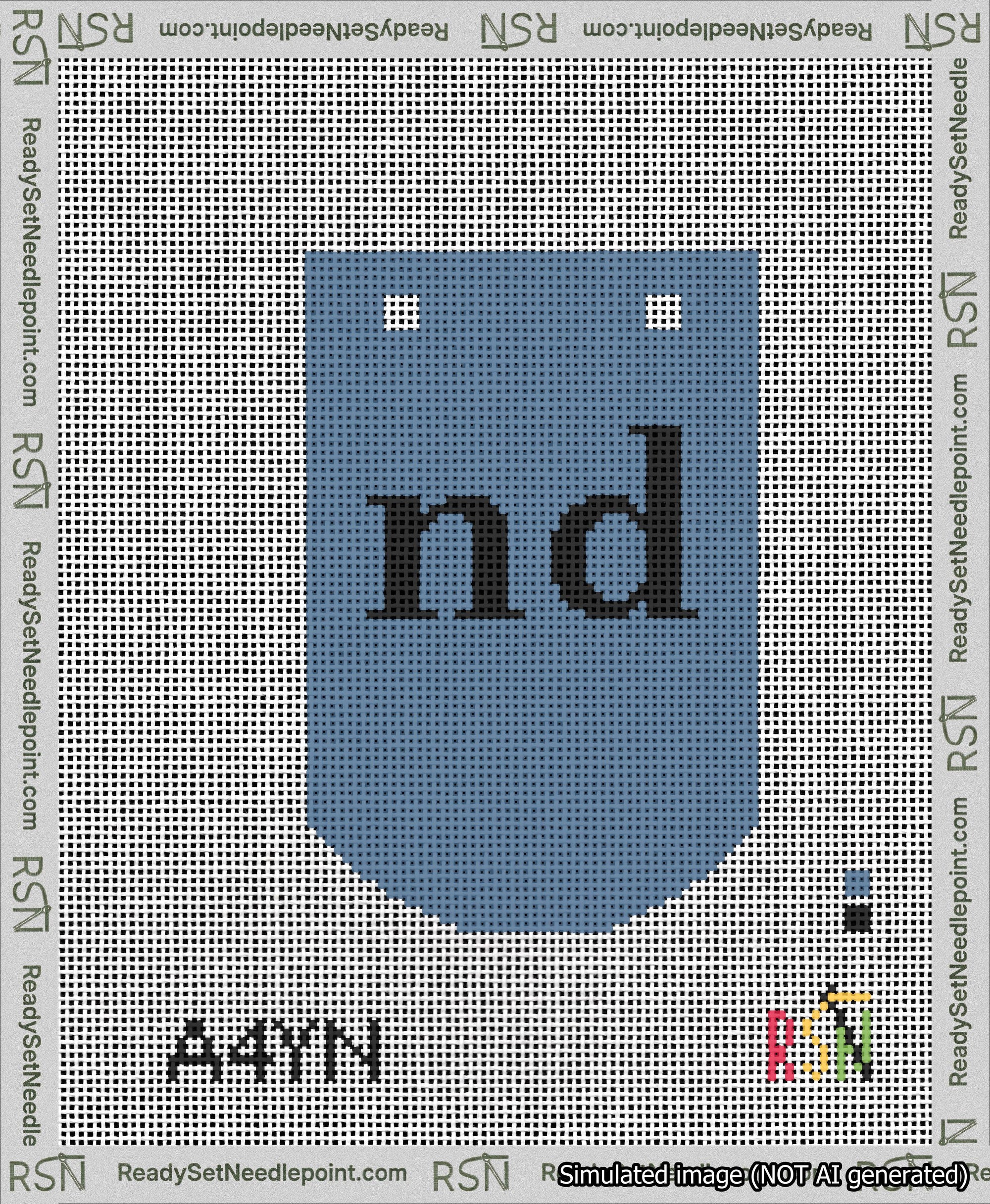 A taped needlepoint canvas with the design: Banner 13 mesh count Curved nd Black on Blue.
