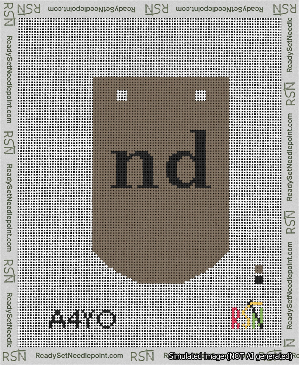 A taped needlepoint canvas with the design: Banner 13 mesh count Curved nd Black on Brown.