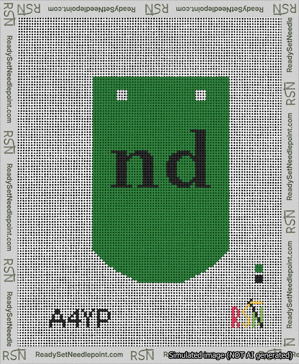 A taped needlepoint canvas with the design: Banner 13 mesh count Curved nd Black on Green.