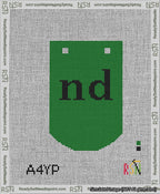 A taped needlepoint canvas with the design: Banner 13 mesh count Curved nd Black on Green.