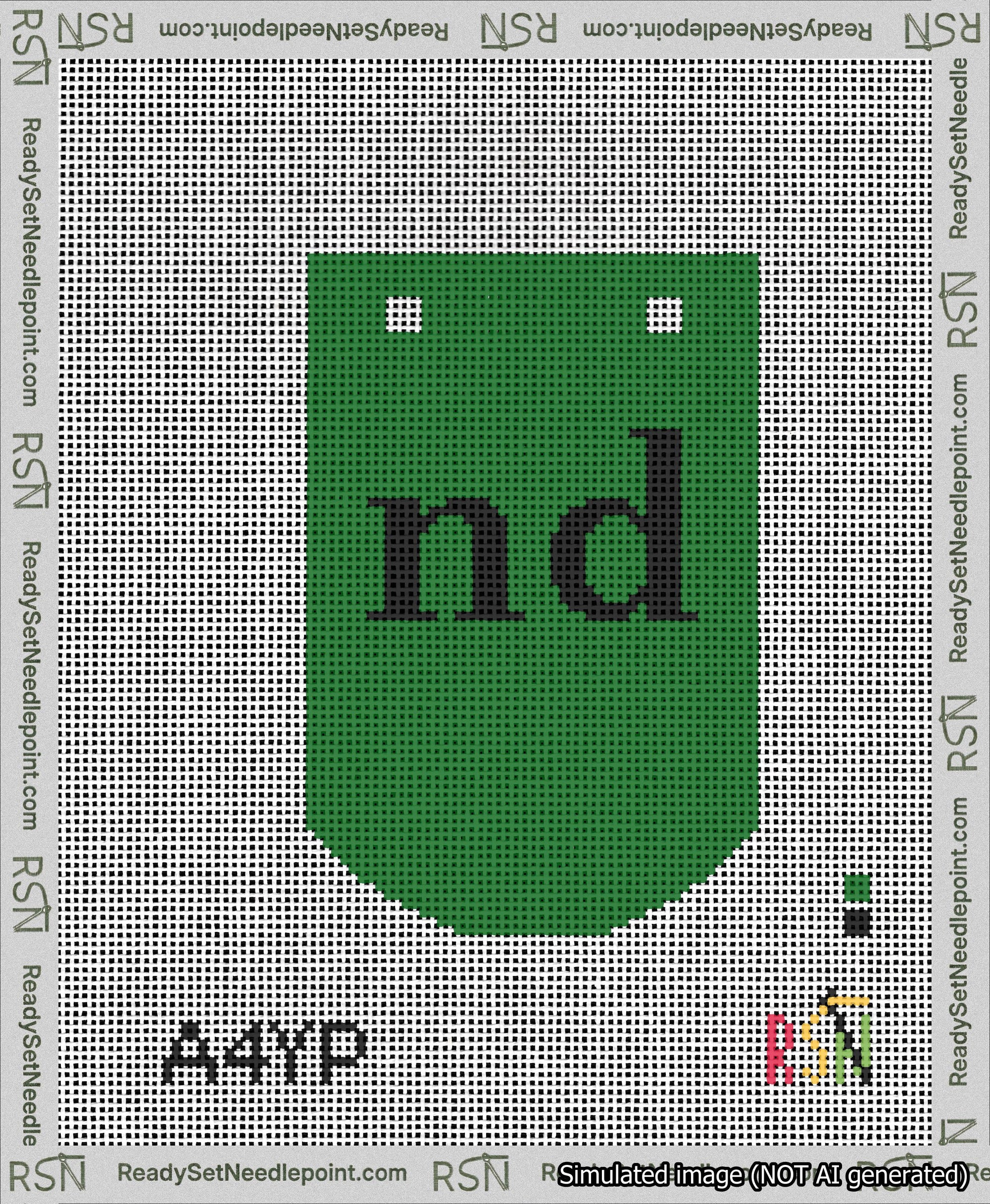 A taped needlepoint canvas with the design: Banner 13 mesh count Curved nd Black on Green.