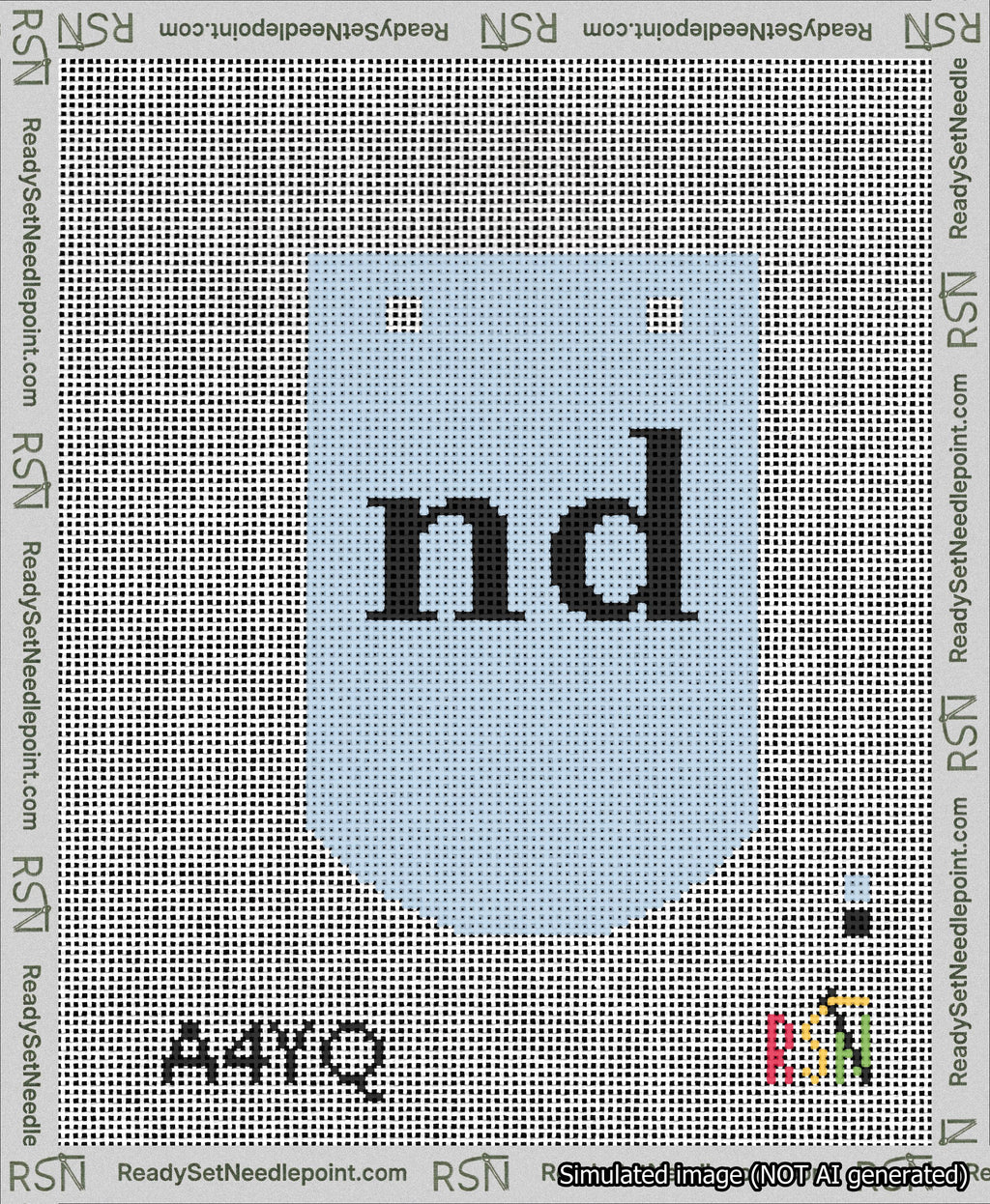 A taped needlepoint canvas with the design: Banner 13 mesh count Curved nd Black on Light Blue.