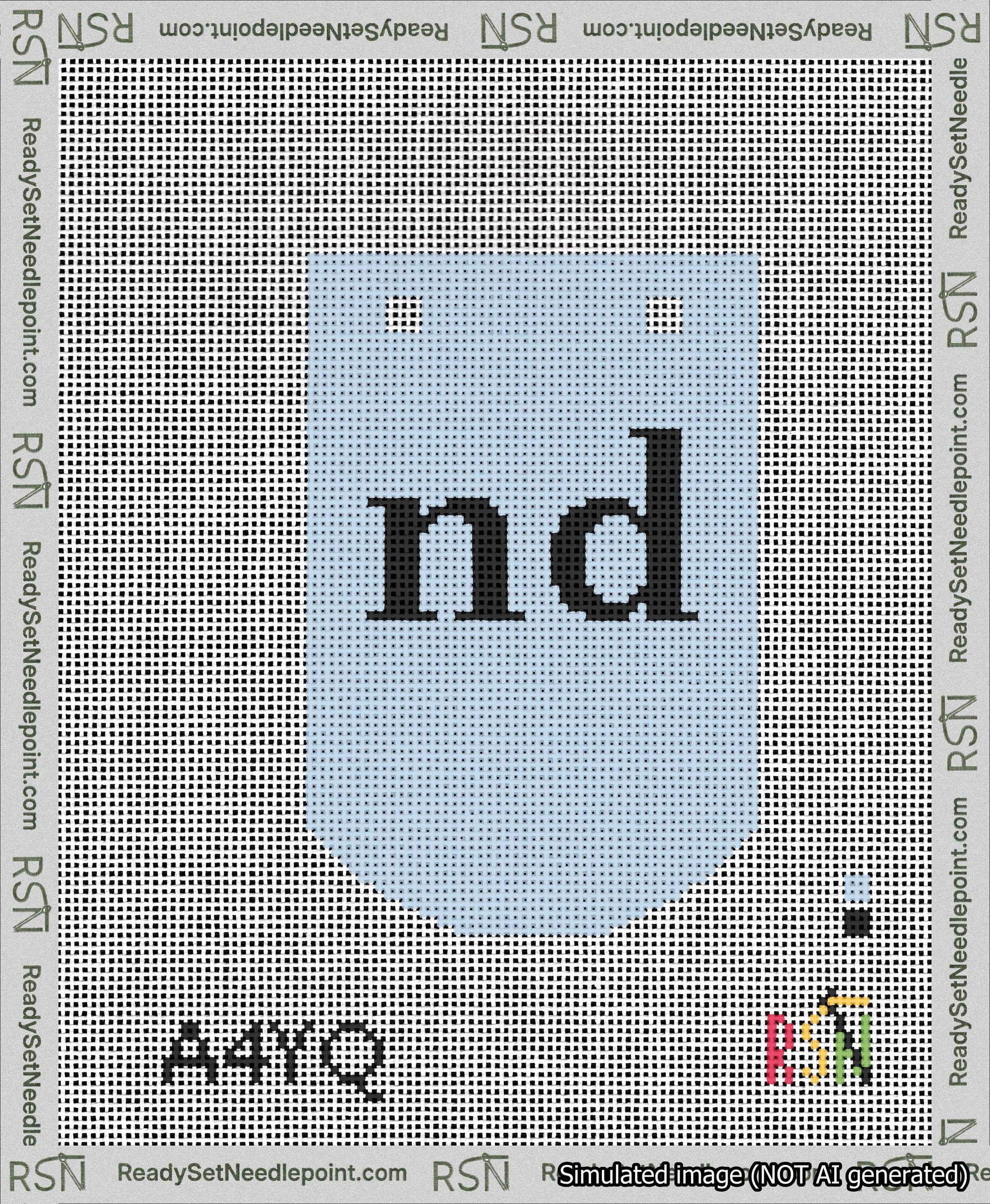 A taped needlepoint canvas with the design: Banner 13 mesh count Curved nd Black on Light Blue.