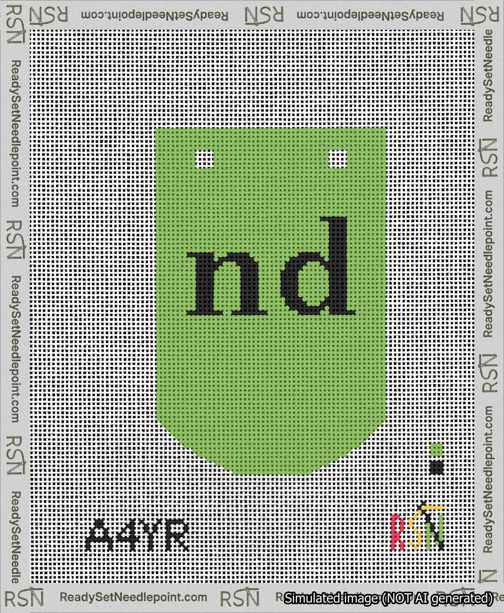 A taped needlepoint canvas with the design: Banner 13 mesh count Curved nd Black on Light Green.