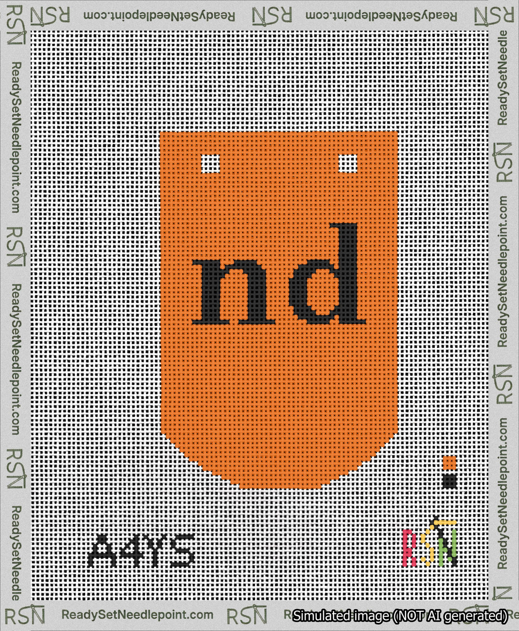 A taped needlepoint canvas with the design: Banner 13 mesh count Curved nd Black on Orange.