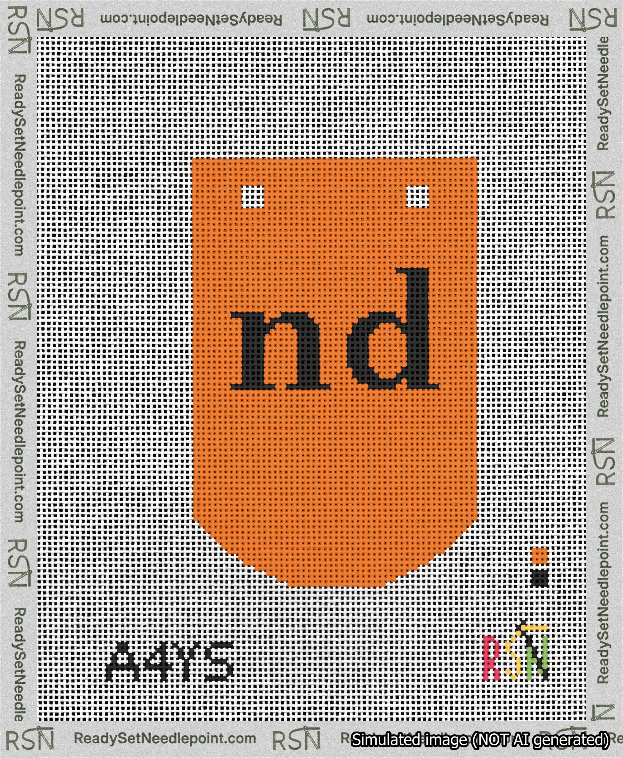 A taped needlepoint canvas with the design: Banner 13 mesh count Curved nd Black on Orange.