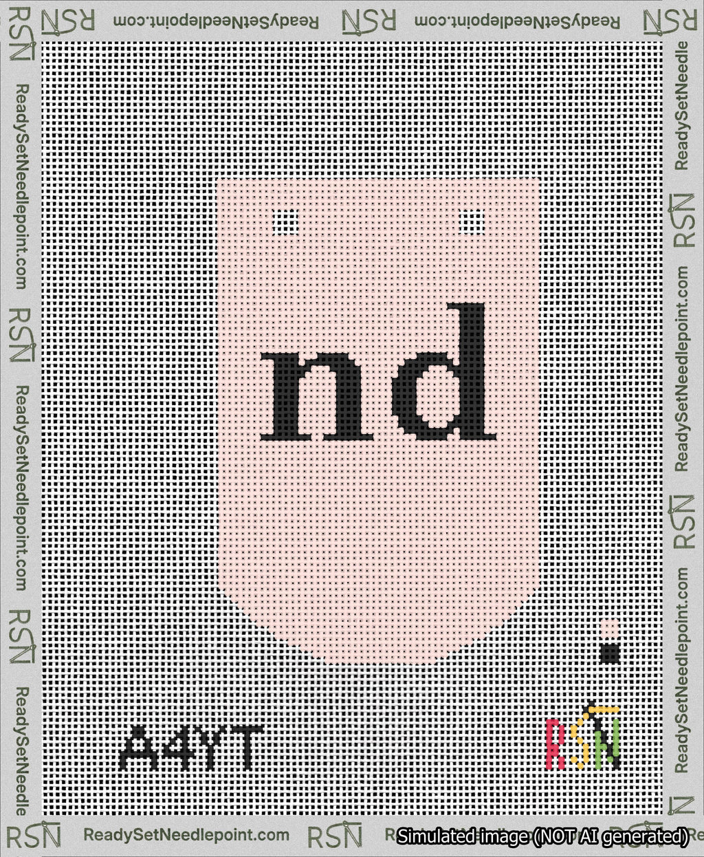 A taped needlepoint canvas with the design: Banner 13 mesh count Curved nd Black on Pink.