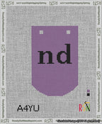 A taped needlepoint canvas with the design: Banner 13 mesh count Curved nd Black on Purple.