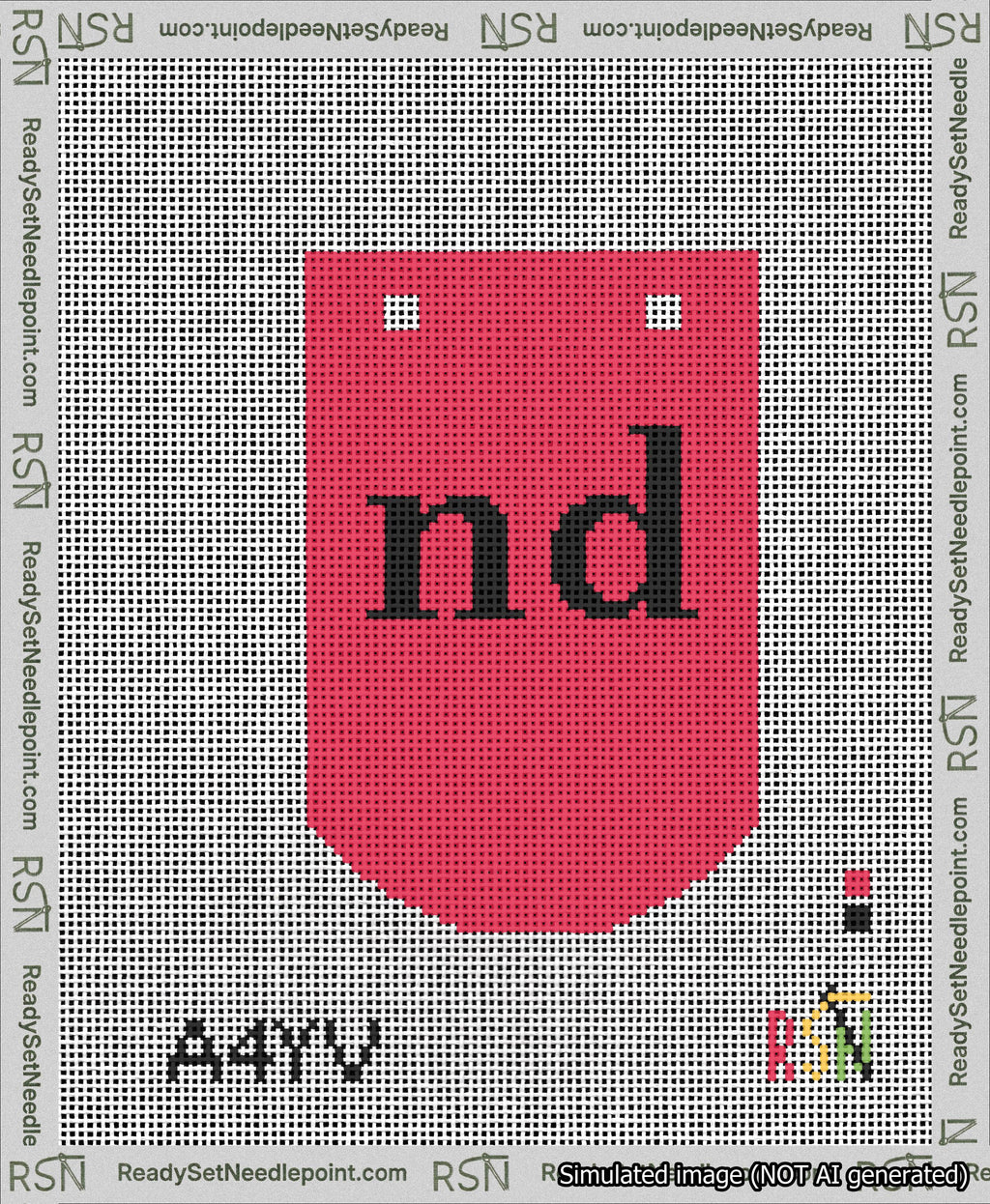 A taped needlepoint canvas with the design: Banner 13 mesh count Curved nd Black on Red.