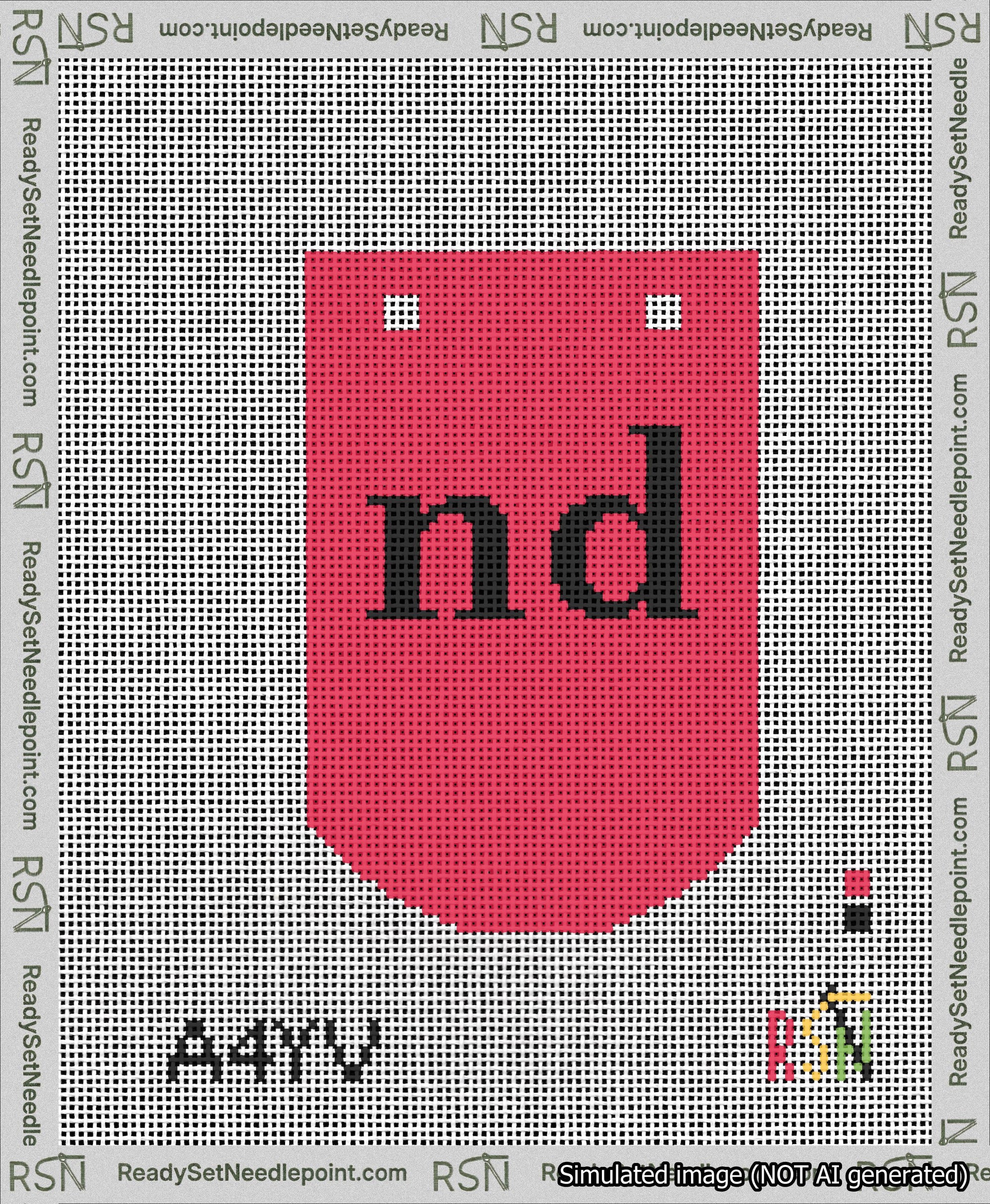 A taped needlepoint canvas with the design: Banner 13 mesh count Curved nd Black on Red.
