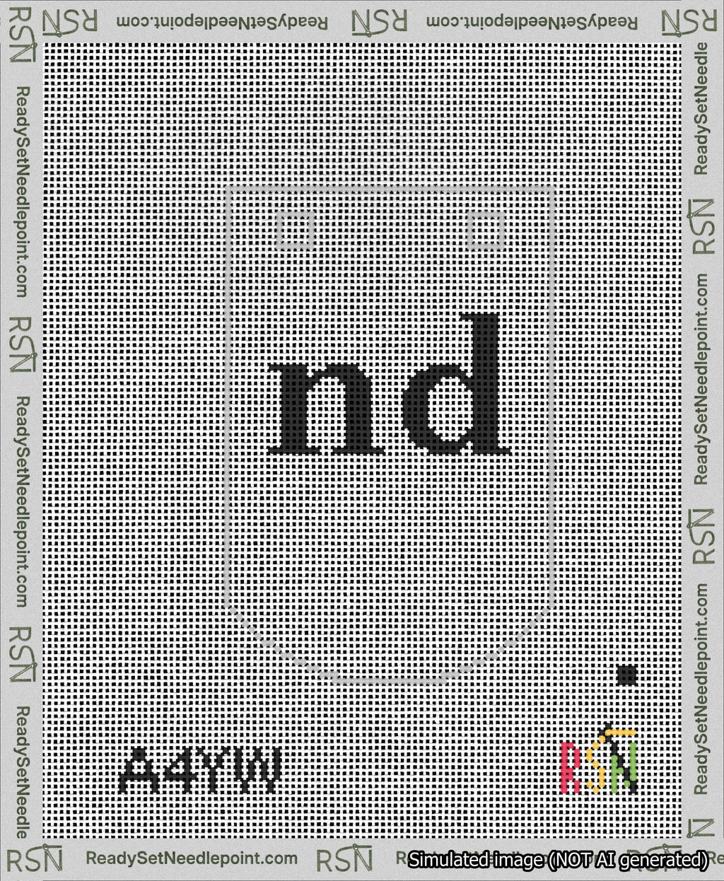 A taped needlepoint canvas with the design: Banner 13 mesh count Curved nd Black on White.