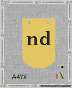 A taped needlepoint canvas with the design: Banner 13 mesh count Curved nd Black on Yellow.