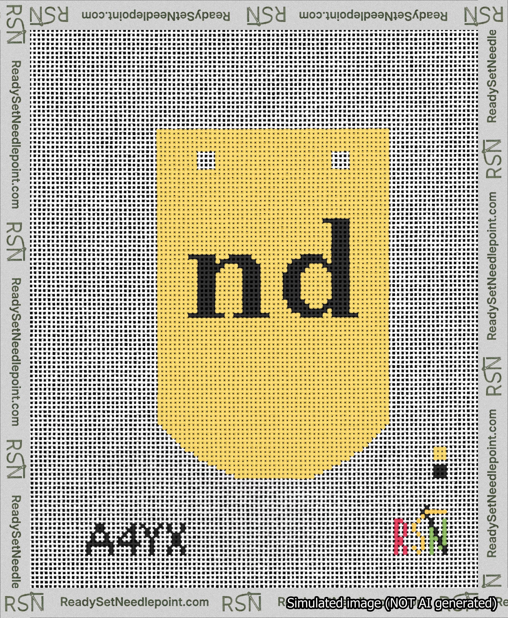 A taped needlepoint canvas with the design: Banner 13 mesh count Curved nd Black on Yellow.