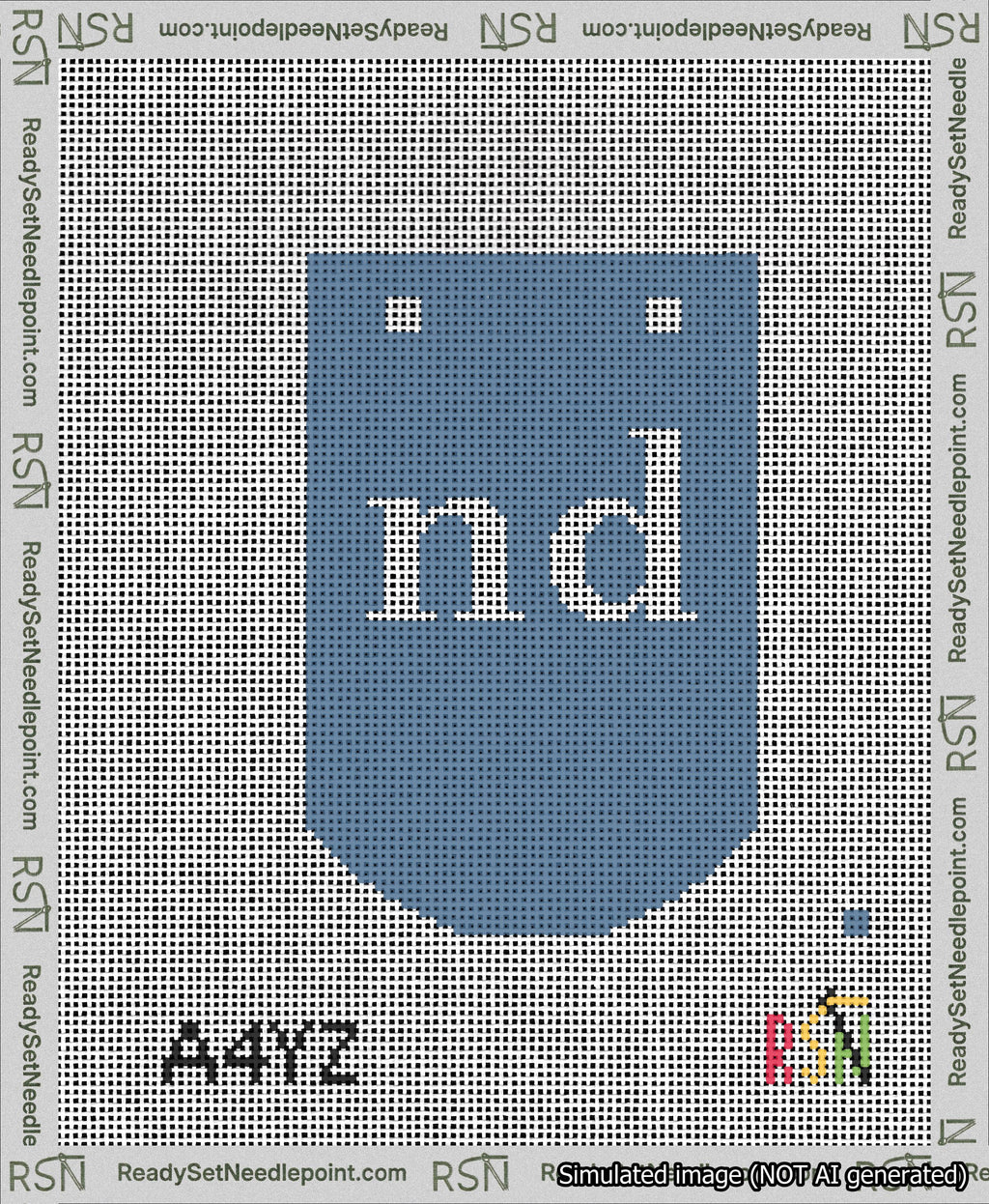 A taped needlepoint canvas with the design: Banner 13 mesh count Curved nd White on Blue.