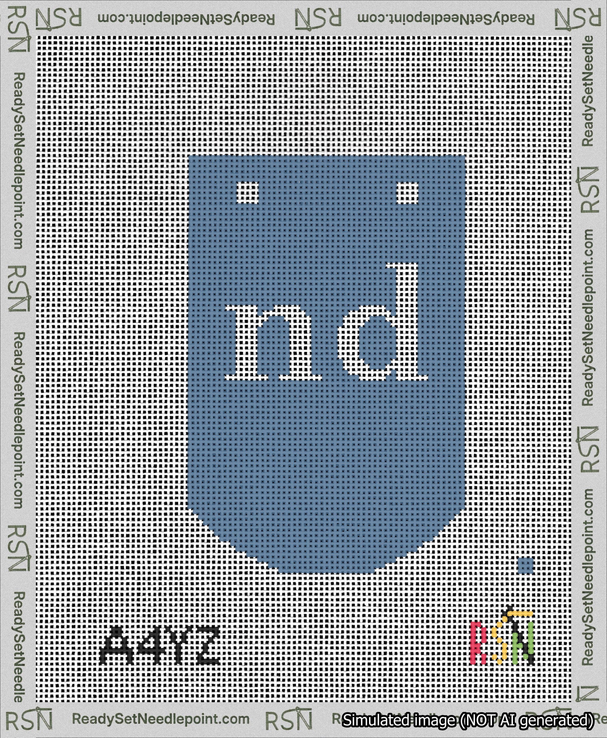A taped needlepoint canvas with the design: Banner 13 mesh count Curved nd White on Blue.