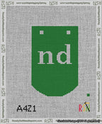 A taped needlepoint canvas with the design: Banner 13 mesh count Curved nd White on Green.
