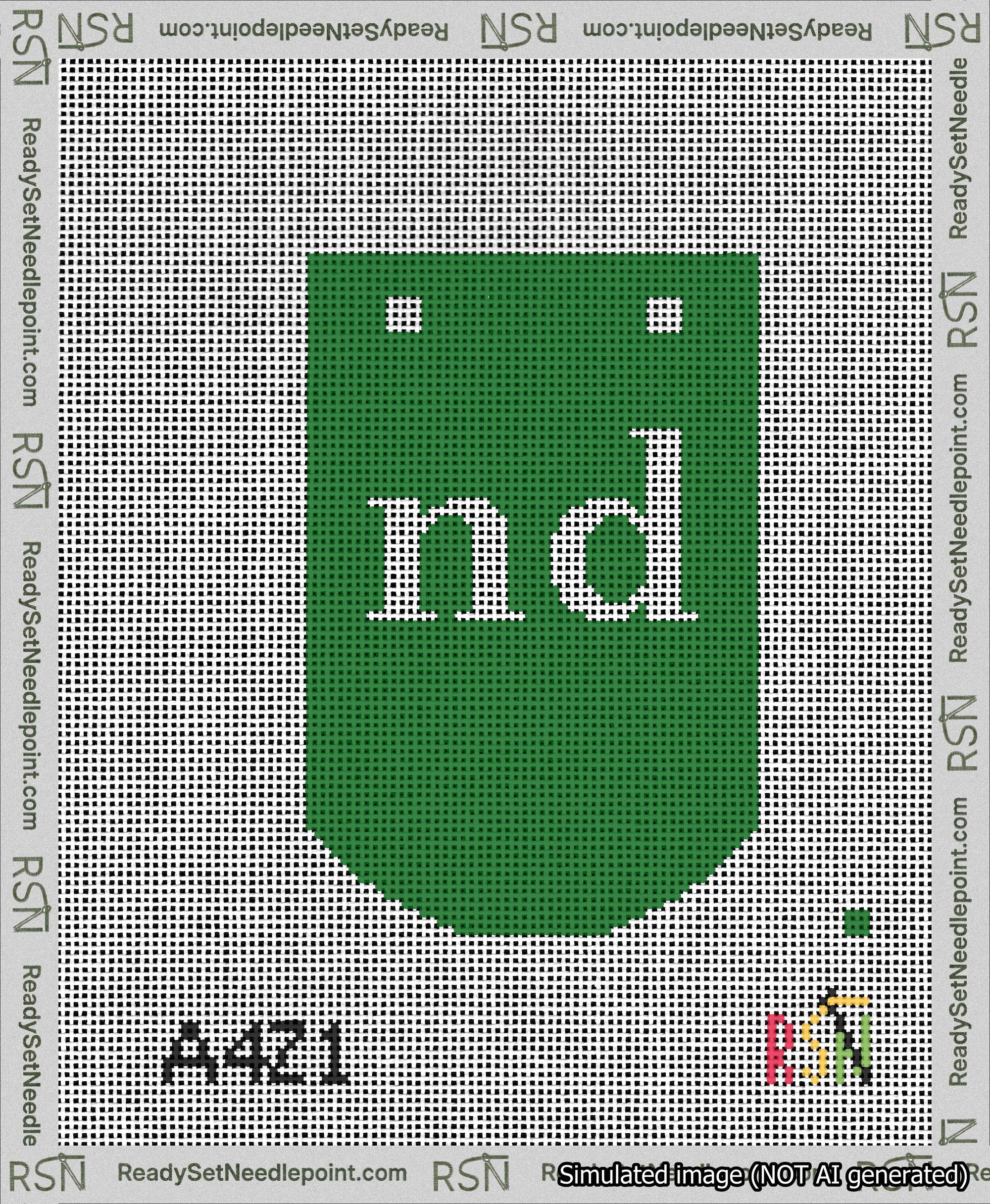 A taped needlepoint canvas with the design: Banner 13 mesh count Curved nd White on Green.