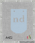 A taped needlepoint canvas with the design: Banner 13 mesh count Curved nd White on Light Blue.
