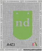 A taped needlepoint canvas with the design: Banner 13 mesh count Curved nd White on Light Green.