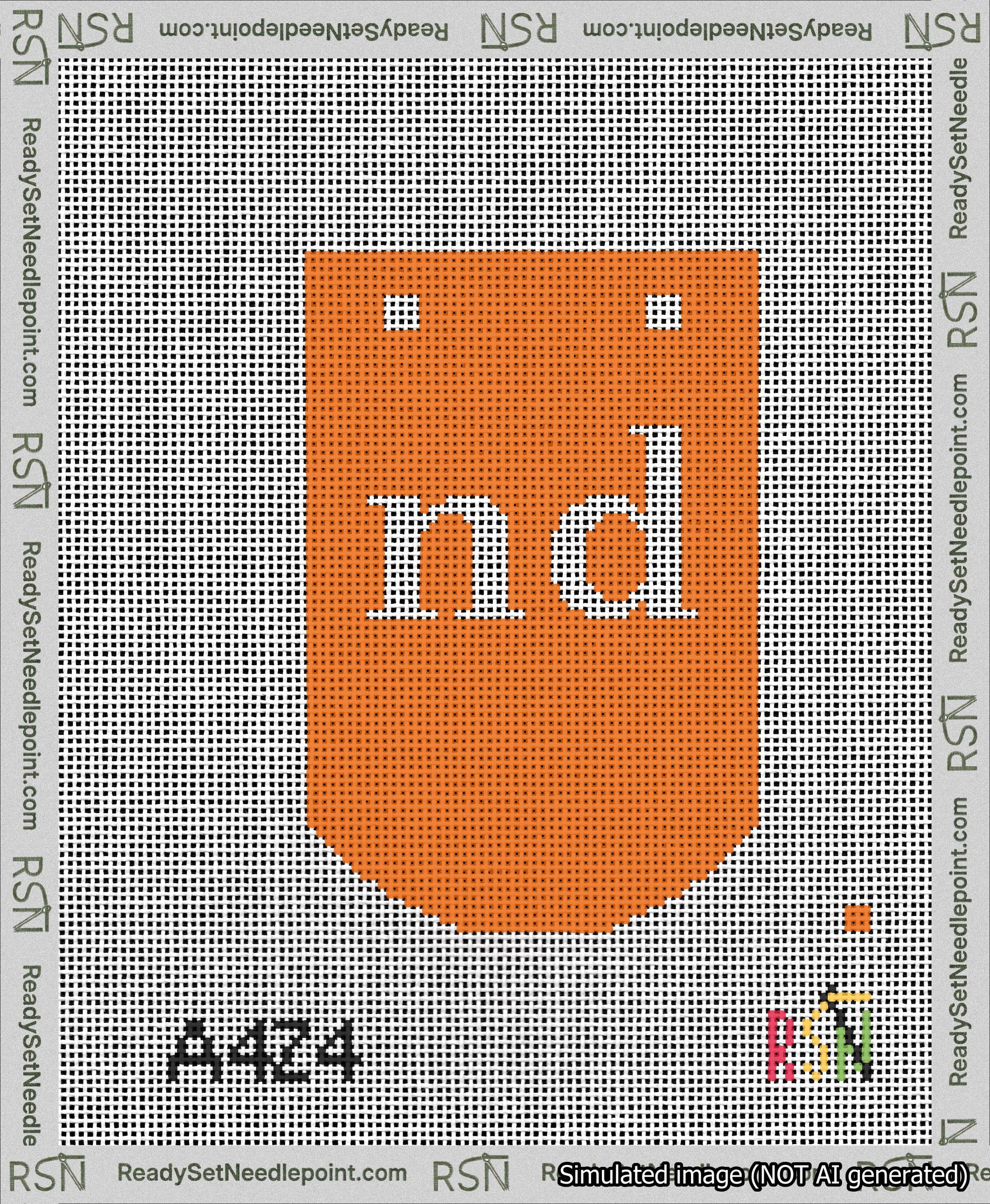 A taped needlepoint canvas with the design: Banner 13 mesh count Curved nd White on Orange.