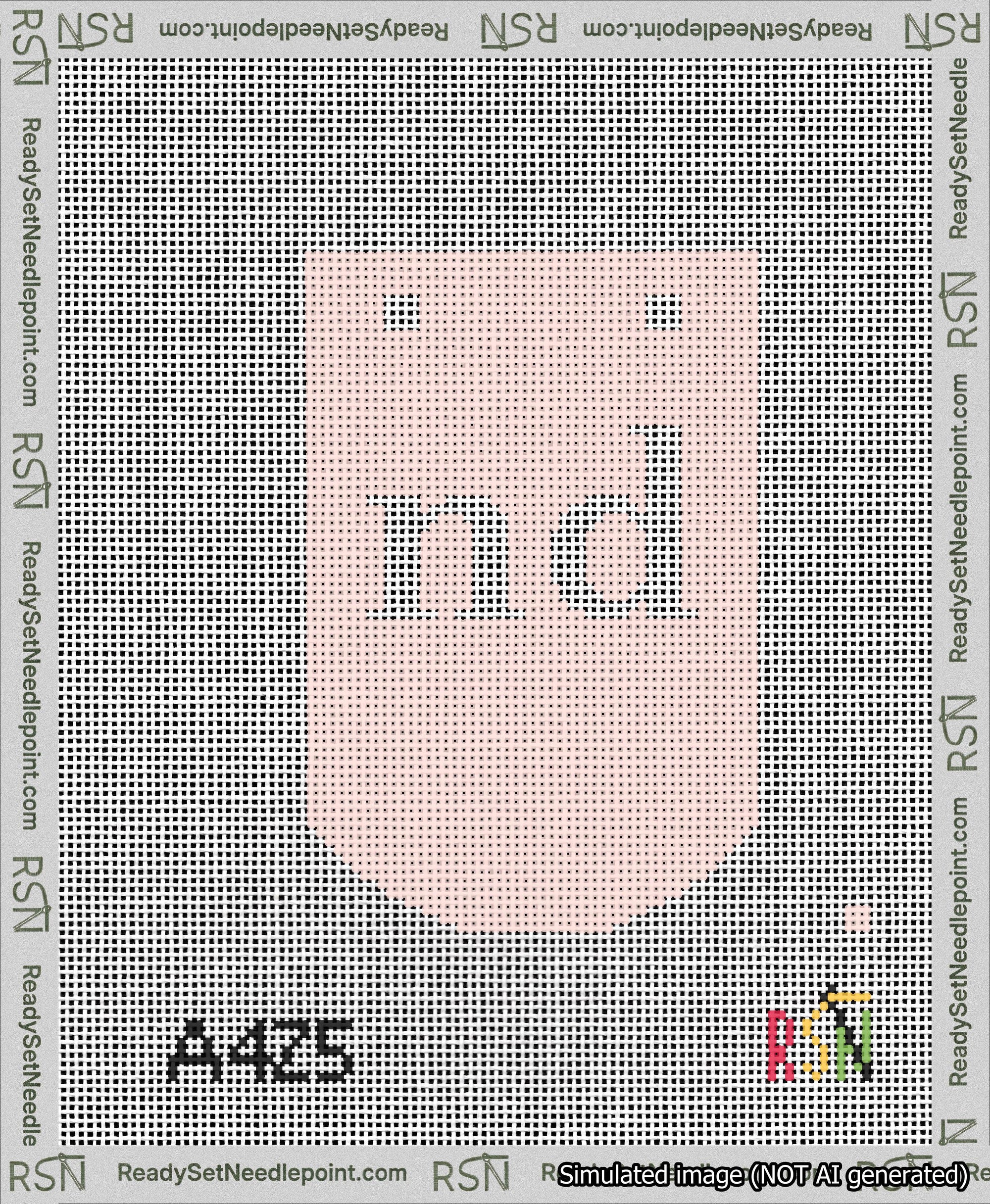 A taped needlepoint canvas with the design: Banner 13 mesh count Curved nd White on Pink.