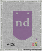 A taped needlepoint canvas with the design: Banner 13 mesh count Curved nd White on Purple.