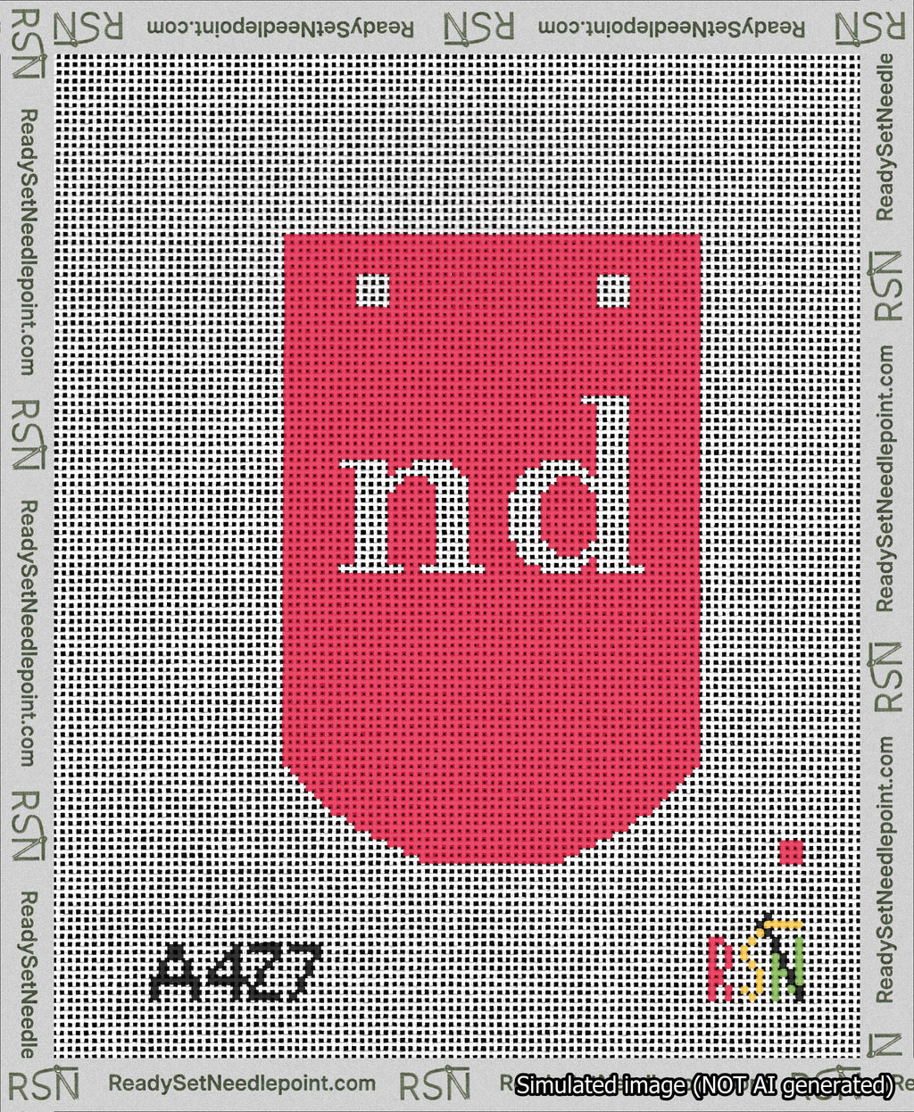 A taped needlepoint canvas with the design: Banner 13 mesh count Curved nd White on Red.
