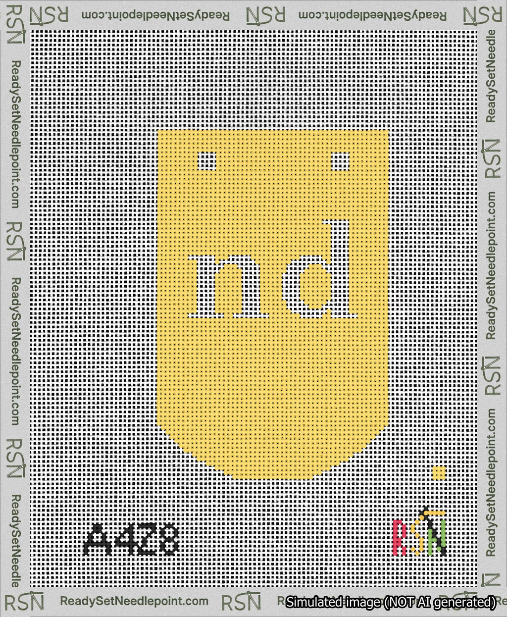 A taped needlepoint canvas with the design: Banner 13 mesh count Curved nd White on Yellow.