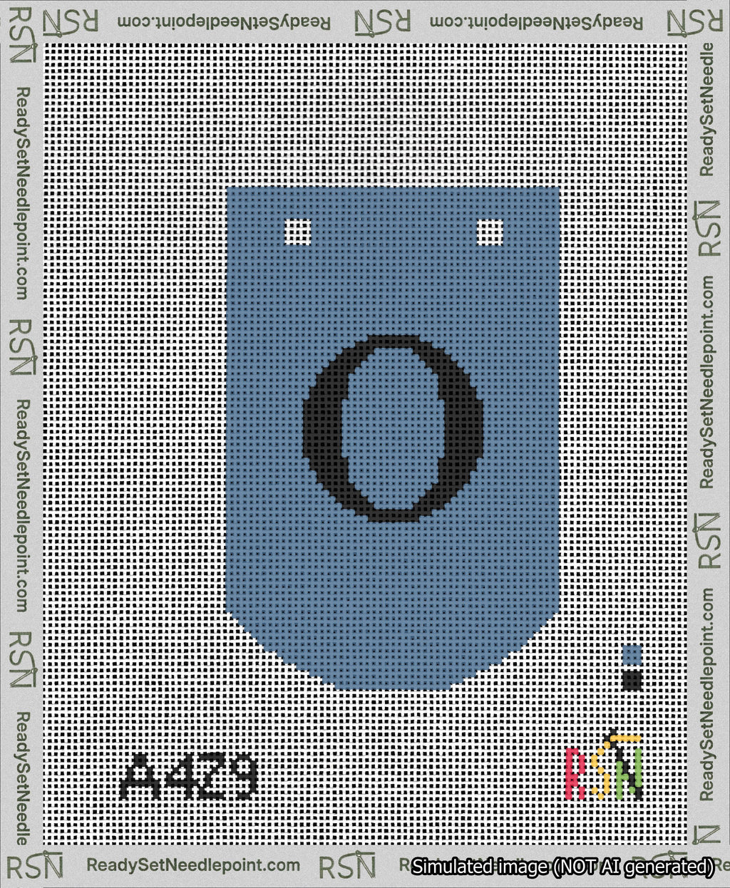 A taped needlepoint canvas with the design: Banner 13 mesh count Curved O Black on Blue.