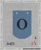 A taped needlepoint canvas with the design: Banner 13 mesh count Curved O Black on Blue.