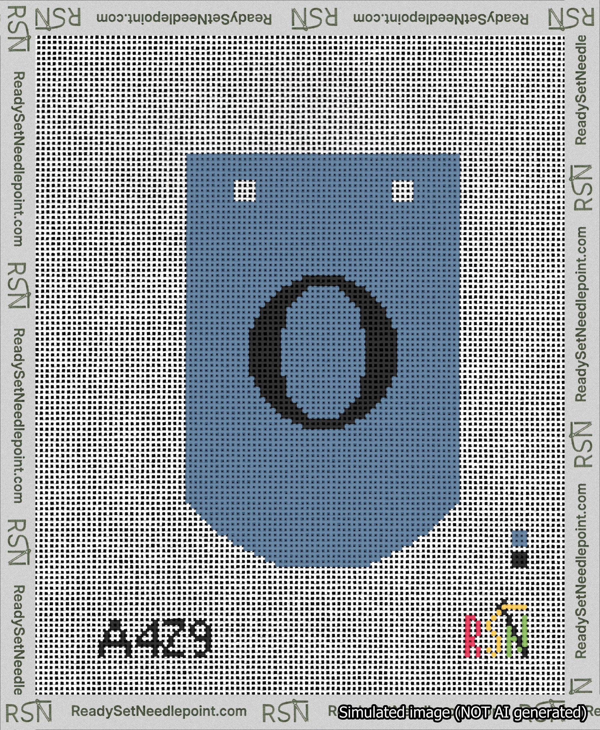 A taped needlepoint canvas with the design: Banner 13 mesh count Curved O Black on Blue.