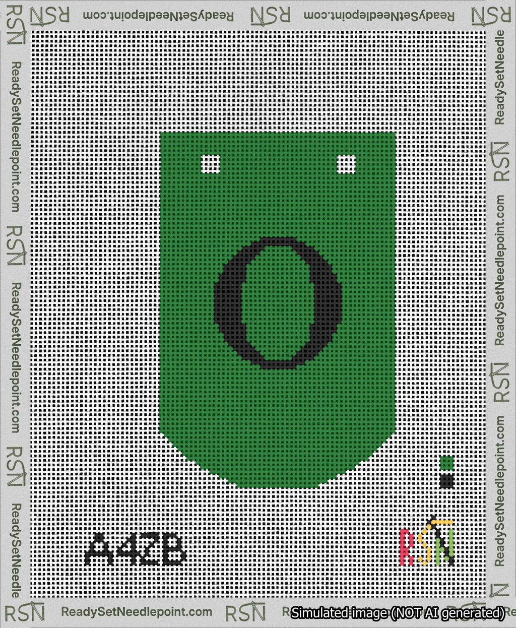 A taped needlepoint canvas with the design: Banner 13 mesh count Curved O Black on Green.
