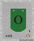 A taped needlepoint canvas with the design: Banner 13 mesh count Curved O Black on Green.