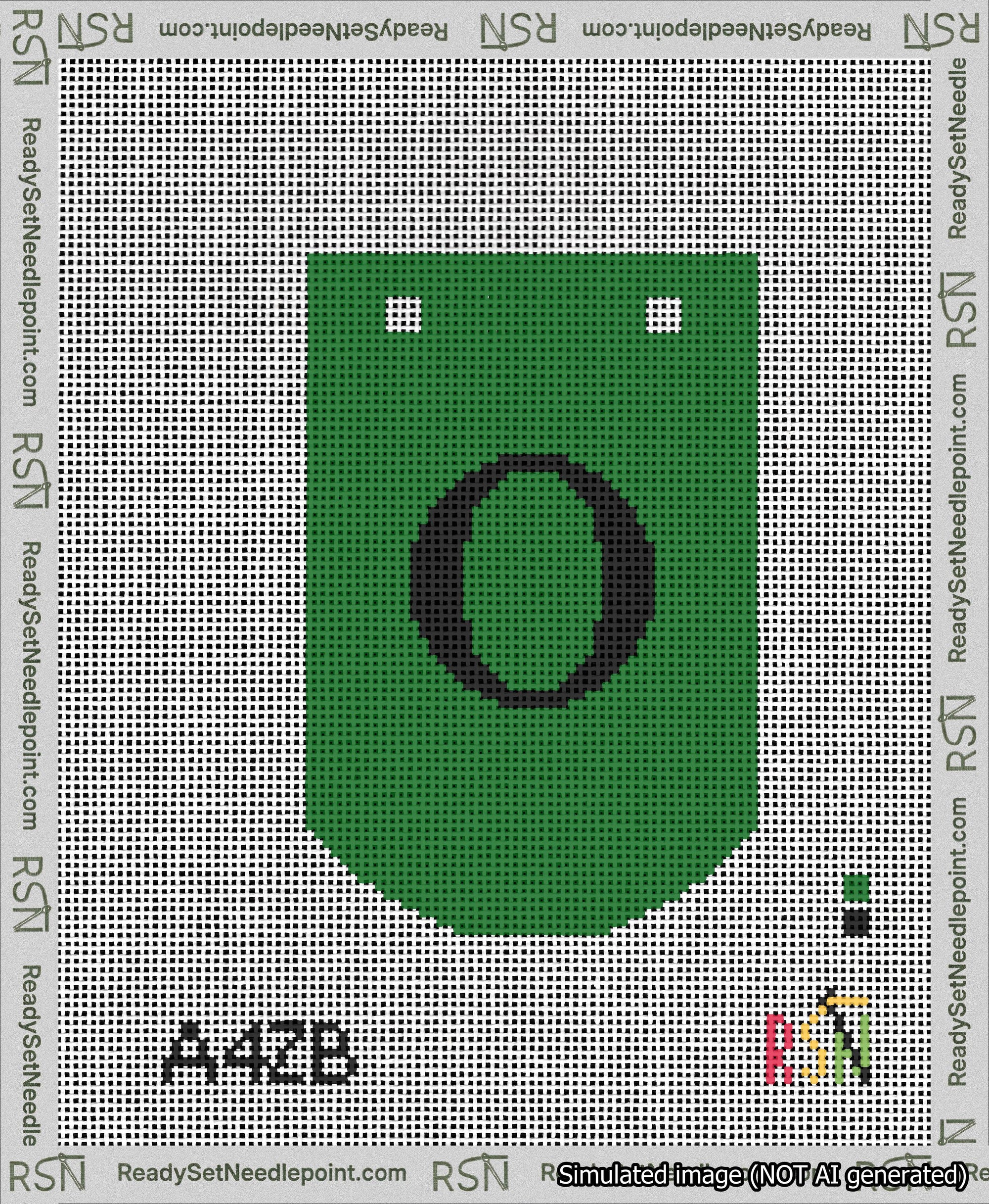 A taped needlepoint canvas with the design: Banner 13 mesh count Curved O Black on Green.