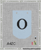 A taped needlepoint canvas with the design: Banner 13 mesh count Curved O Black on Light Blue.