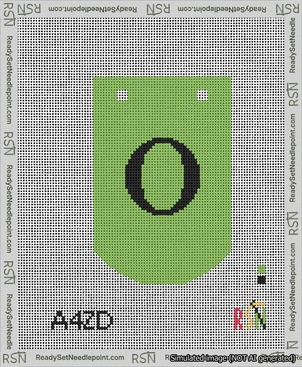 A taped needlepoint canvas with the design: Banner 13 mesh count Curved O Black on Light Green.