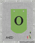 A taped needlepoint canvas with the design: Banner 13 mesh count Curved O Black on Light Green.