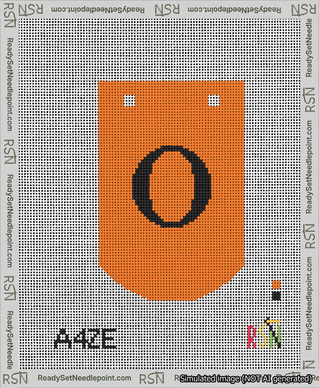 A taped needlepoint canvas with the design: Banner 13 mesh count Curved O Black on Orange.