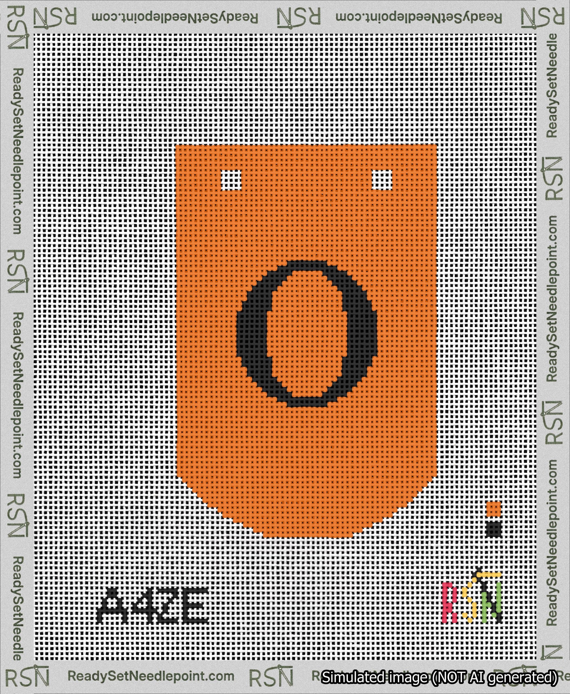 A taped needlepoint canvas with the design: Banner 13 mesh count Curved O Black on Orange.