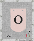 A taped needlepoint canvas with the design: Banner 13 mesh count Curved O Black on Pink.