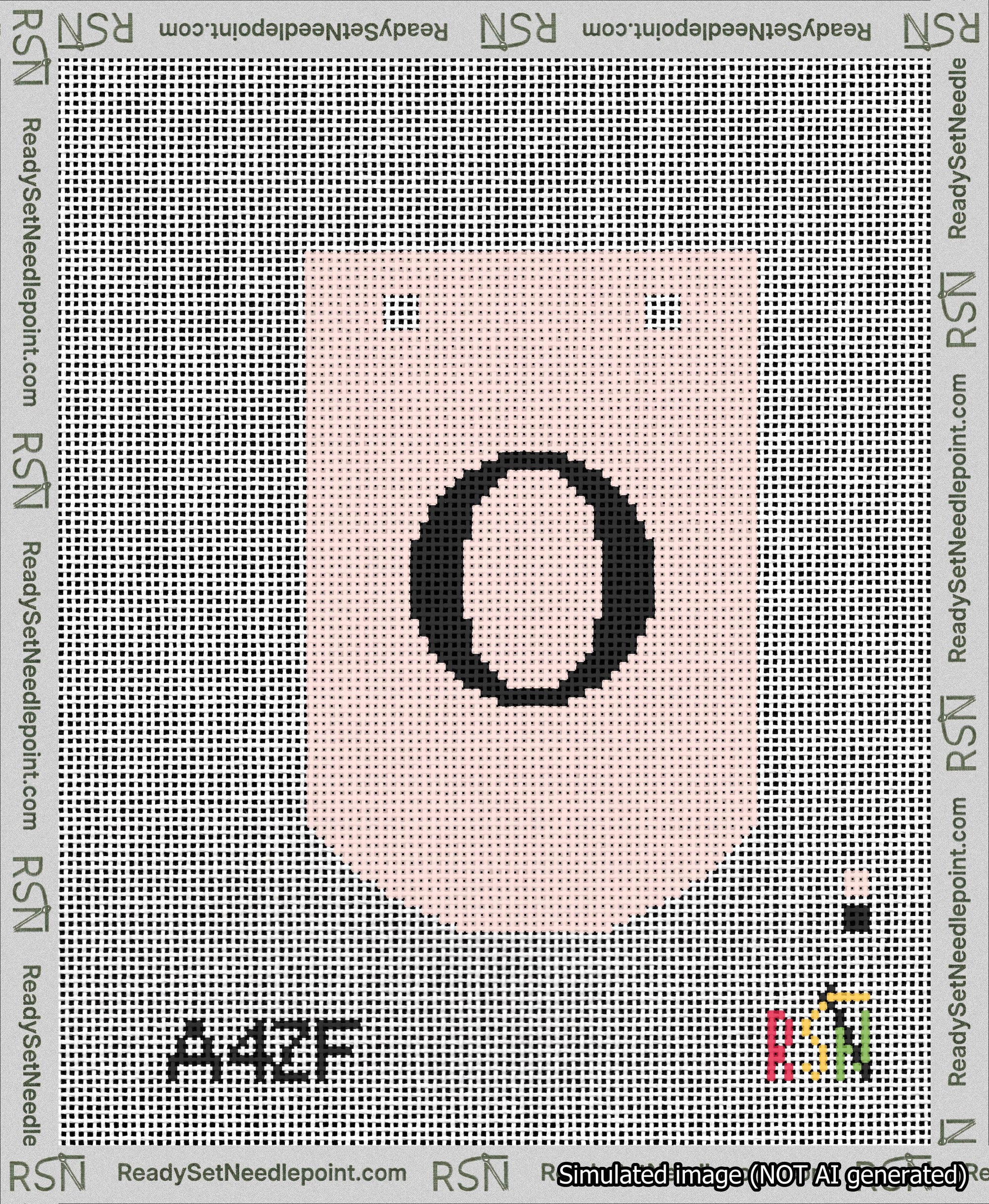 A taped needlepoint canvas with the design: Banner 13 mesh count Curved O Black on Pink.